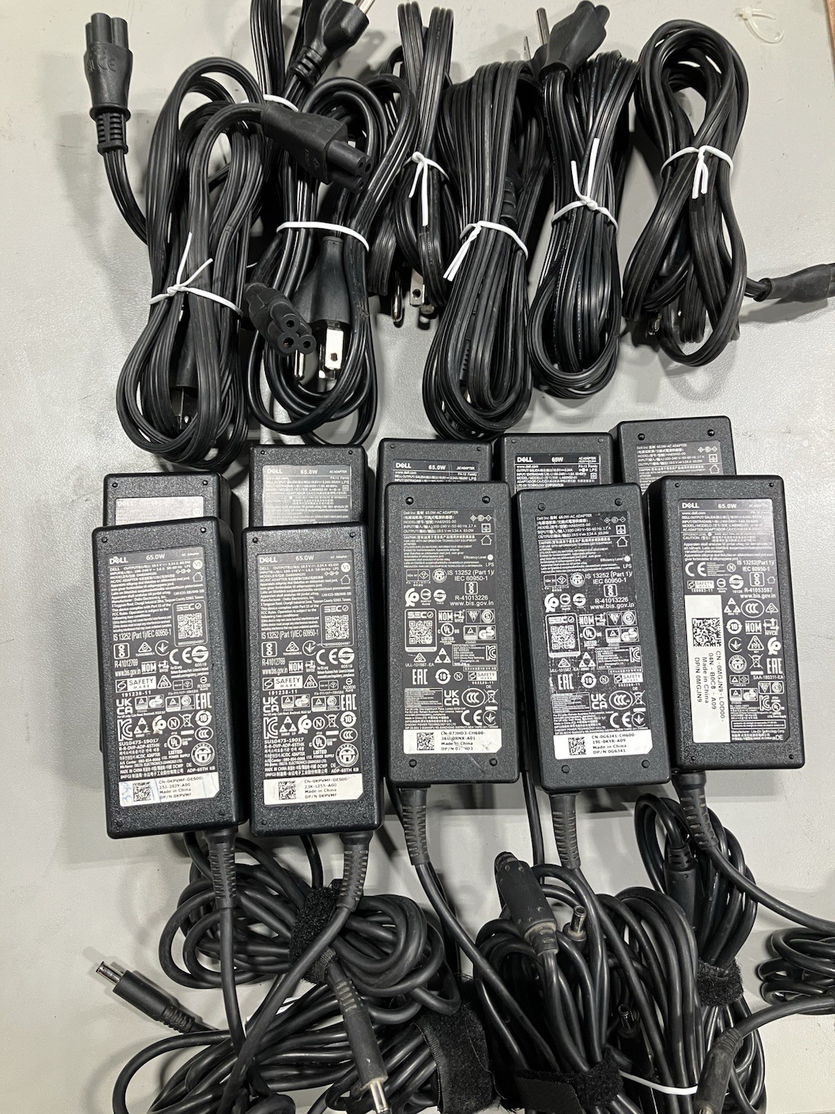 Lot of 10 Genuine Dell 65W AC Power Adapters with 4.5mm small barrel tips