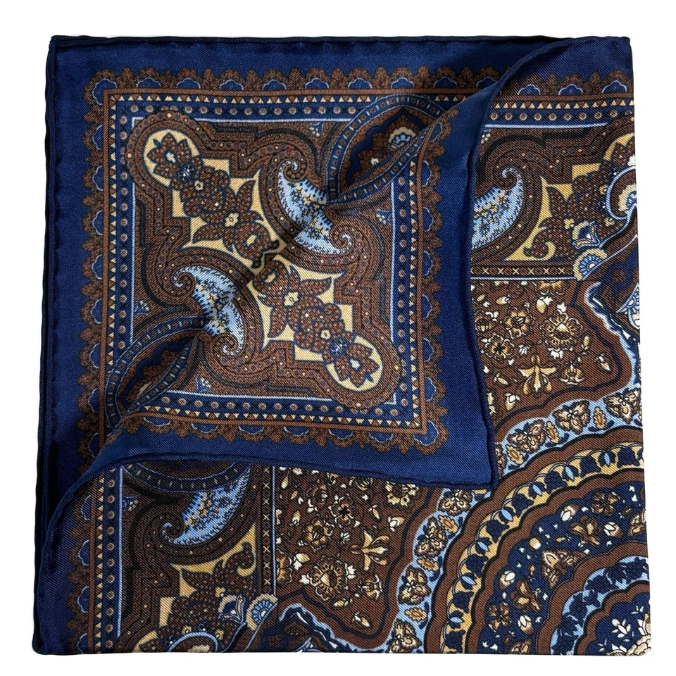 Cuadrado de Bolsillo Marrón y Azul Marino Geométrico Floral Antiguo Seda Loca (Enrollado a Mano) Foto 3 de 4