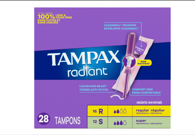 Tampax Radiant Tampons, with LeakGuard Braid, Super Plus Absorbency, Unscente