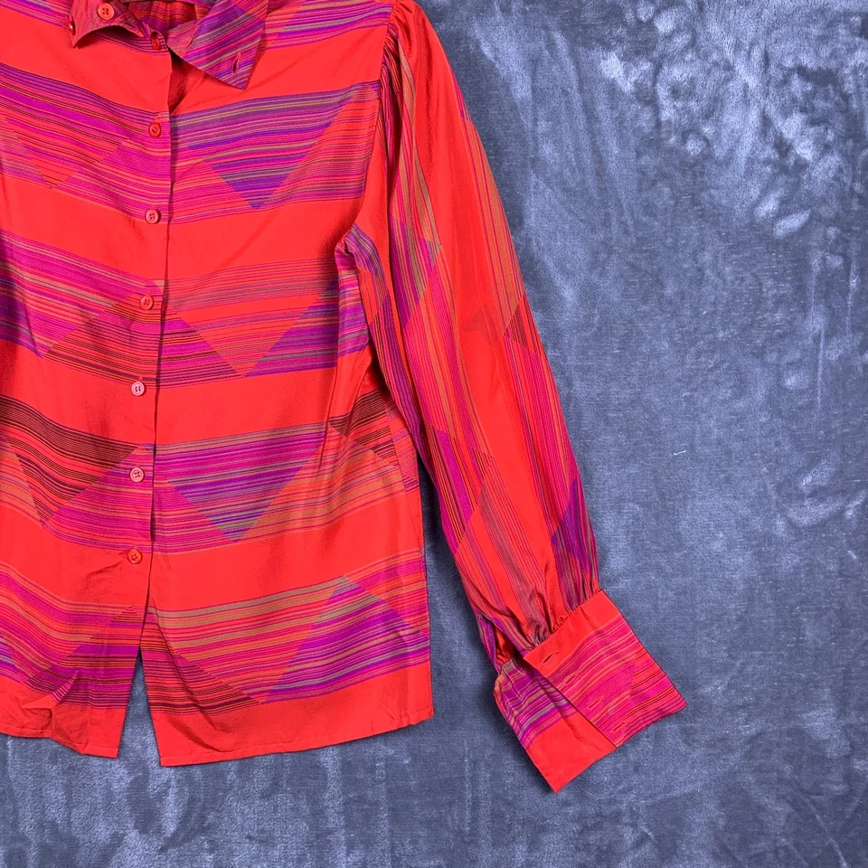 Camisa de seda plisada abstracta a rayas puño alto cuello chino vintage años 80 (316) Foto 2 de 4