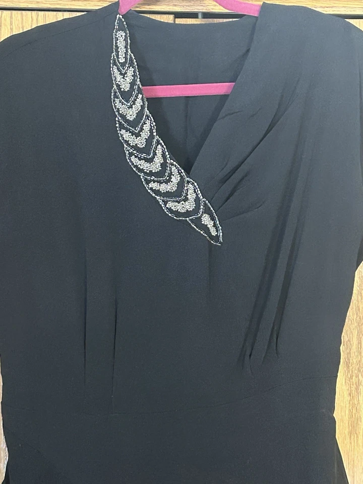 1940's Black Crepe Cocktail/Evening Dress Silhouette Design W Beaded Neckline S - Image 4 of 4
