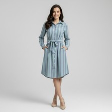 Calvin Klein Green Blue Washed Stripe Tie Front Collared Shirt Dress Size 10