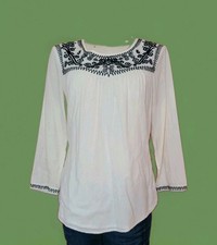 Lucky Brand Womens M Embroidered Boho Blouse Off White Button Back Cotton