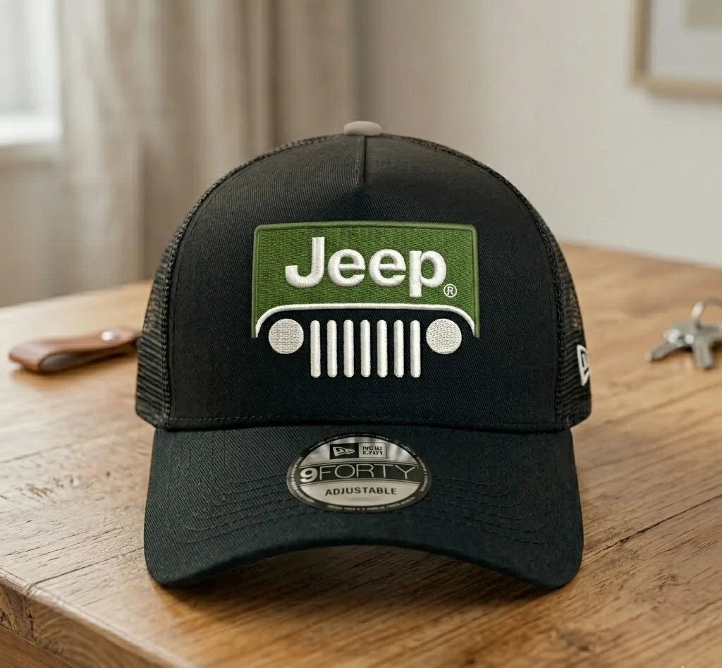 JEEP Black Mesh Trucker Hat Cap Green Patch Grille Logo Adjustable