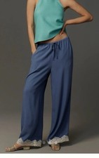 NWT By Anthropologie Lace-Trim Silky Pull-On Pants Sz XS blue