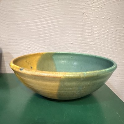 Studio Handmade Ceramic Art Pottery Bowl Green Yellow Blue Abstract Glossy
