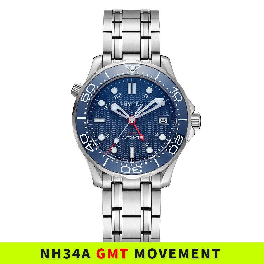 PHYLIDA 41mm Men's Watch NH34A GMT Blue Wave Dial Automatic SE
