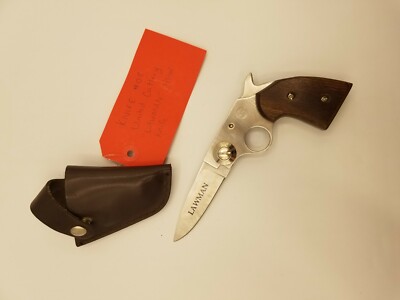 VINTAGE LAWMAN FOLDING FIREARM SHAPED KNIFE WITH LEATHER HOLSTER SHEATH-#08