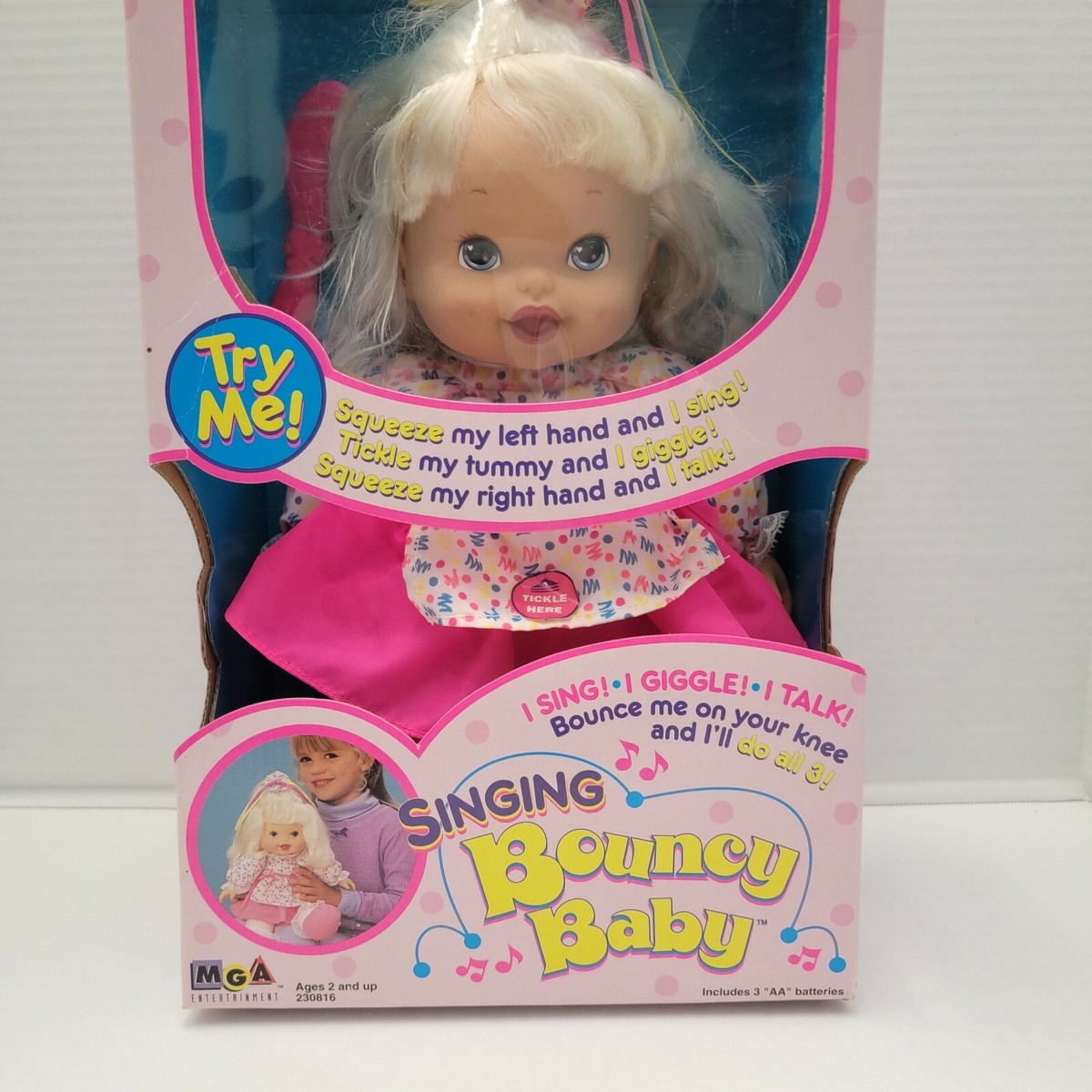 New 1997 MGA 230816 Singing Bouncy Baby Giggle Talk Blonde Hair