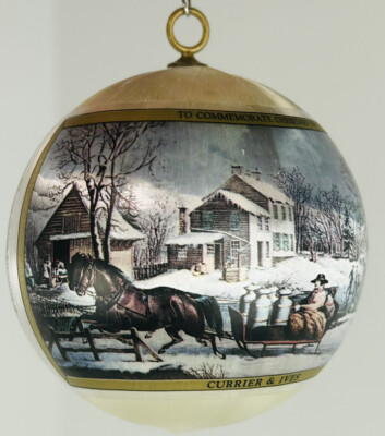 Vintage Courier & Ives Hallmark Glass winter wonderland farmhouse horse & Sleigh