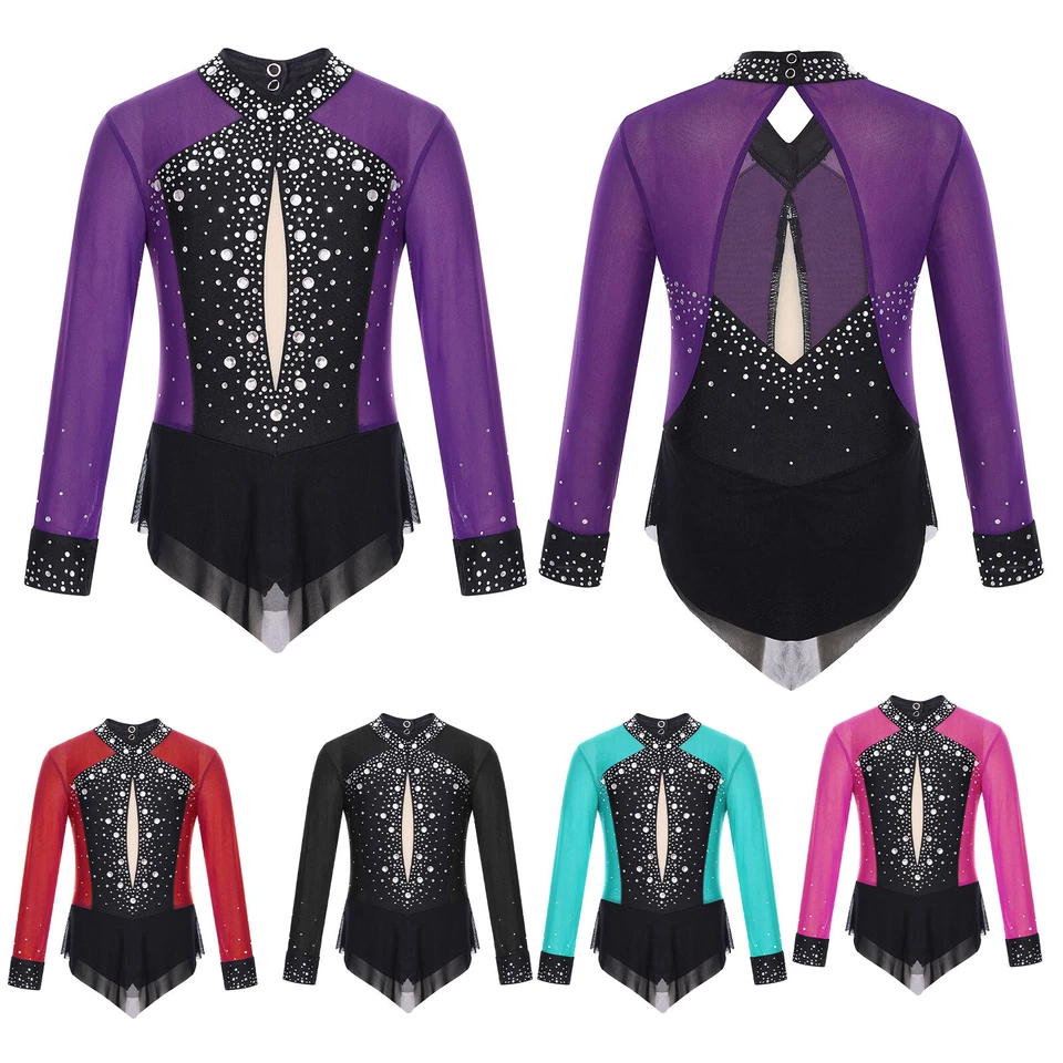 DE Turnanzug Gymnastikanzug Mädchen Langarm Trikot mit Strass Ballett Dancewear - Bild 3 von 4