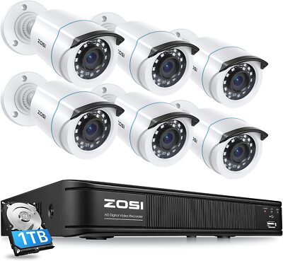 ZOSI 1080p Home Security Camera System H.265+ 5MP Lite 8CH 1TB DVR and 6xCameras