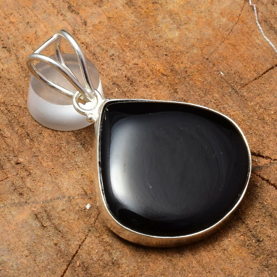 Pendente In Perla Di Onice Nero In Gemma In Argento Sterling 925 Fatto A Mano - Immagine 3 di 3