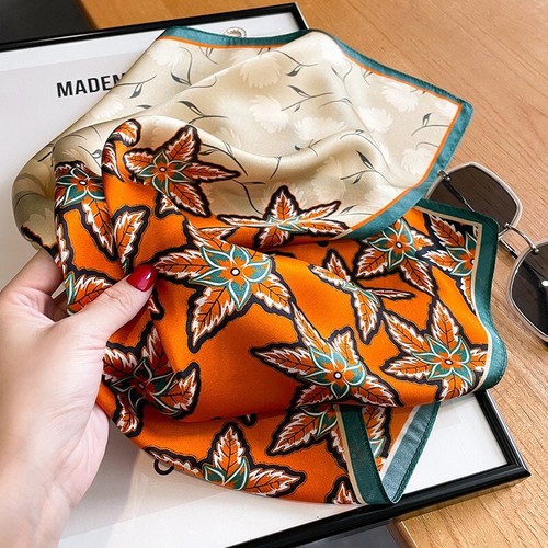 100% Silk 21" Square Scarf Women Neckerchief Kerchief Wrap Turban Orange Flower - Bild 3 von 24