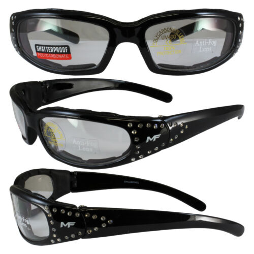MF CHILL PADDED WOMENS MOTORCYCLE RIDING GLASSES RHINESTONE FRAMES CLEAR LENS - Picture 1 of 4