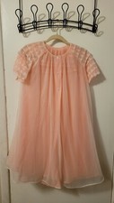 Vintage Sheer Pink Nylon Peignoir Dressing Gown  Robe Pink Short Scallop Sleeve