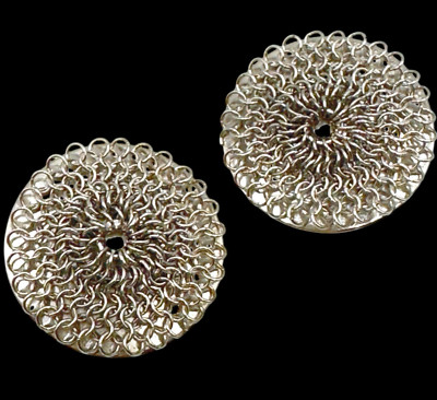 Vintage Whiting and Davis mesh earrings Clip On silver tone Chain Link 1.25 Disc