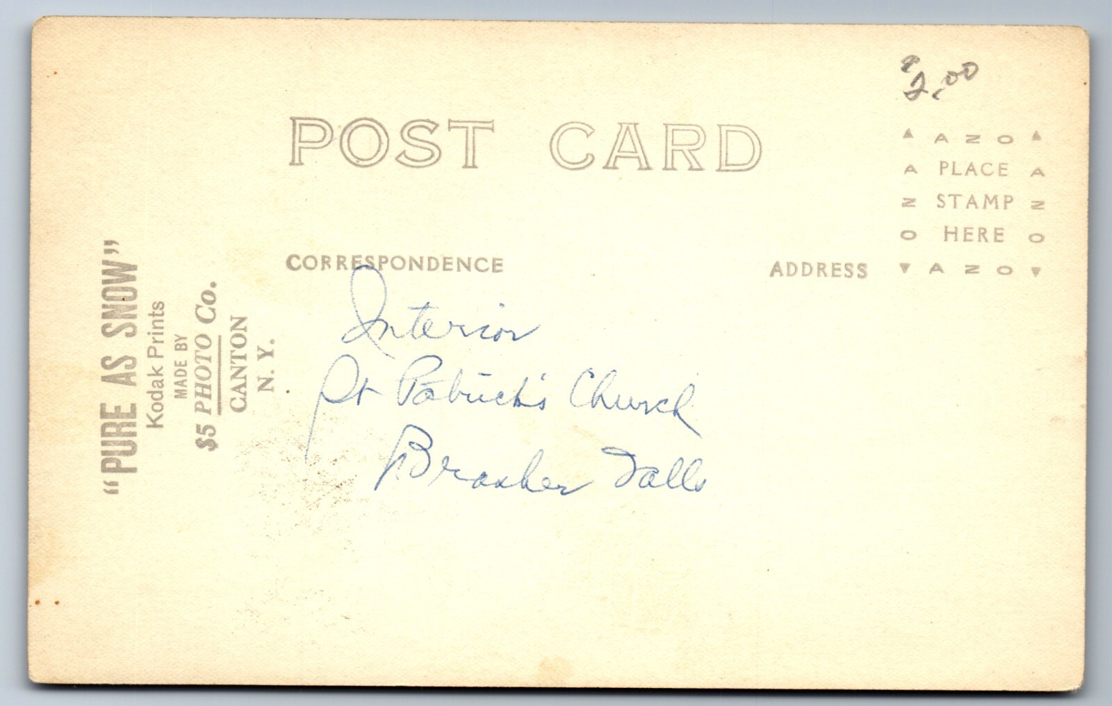 C.1920 RPPC BRASHER FALLS, NY, INTERIOR ST. PATRICK'S CHURCH PHOTO