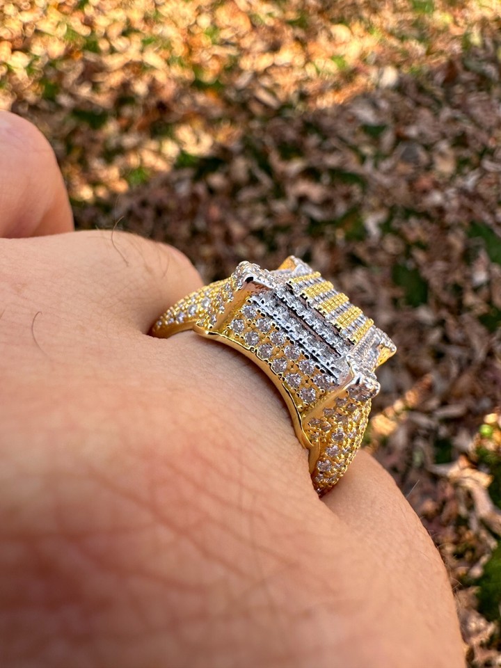 Men's Real Solid 925 Silver 14k Gold Plated MOISSANITE Large 3D Iced ...