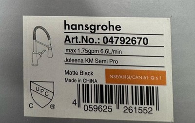 Hansgrohe 04792670 Joleena 1.75 GPM Pre-Rinse Kitchen Faucet, Matte Black*READ*
