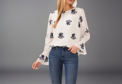 CeCe Floral Embroidered Ruffle Cuff Georgette Top Size Small Color New Ivory NWT