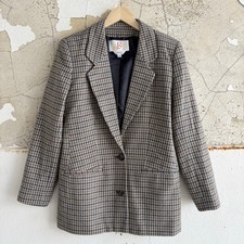 Vtg Houndstooth Wool Blazer 90s Tailored Jacket Blue Tan Checkered Womens M Prep