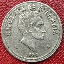 Colombia 1959 Copper-Nickel 20 Centavos. Simon Bolivar. KM# 215.1
