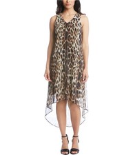 Karen Kane Womens Animal Print Sleeveless High-Low Dress, Brown, Small