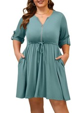 Womens Plus Size Dress Casual Roll up Long Sleeves Zipper V Neck Tie Waist Fl...