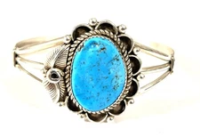 Navajo Handmade Sterling Silver and Kingman Turquoise Cuff By Jeanette Yazzie