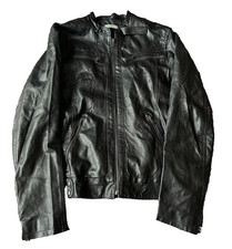 Vintage Black Leather Biker Jacket Moto Cafe Racer Distressed Y2K Rock Style