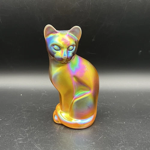 Fenton Iridescent Carnival Amber Autumn Gold Orange Stylized Cat Figurine 5”