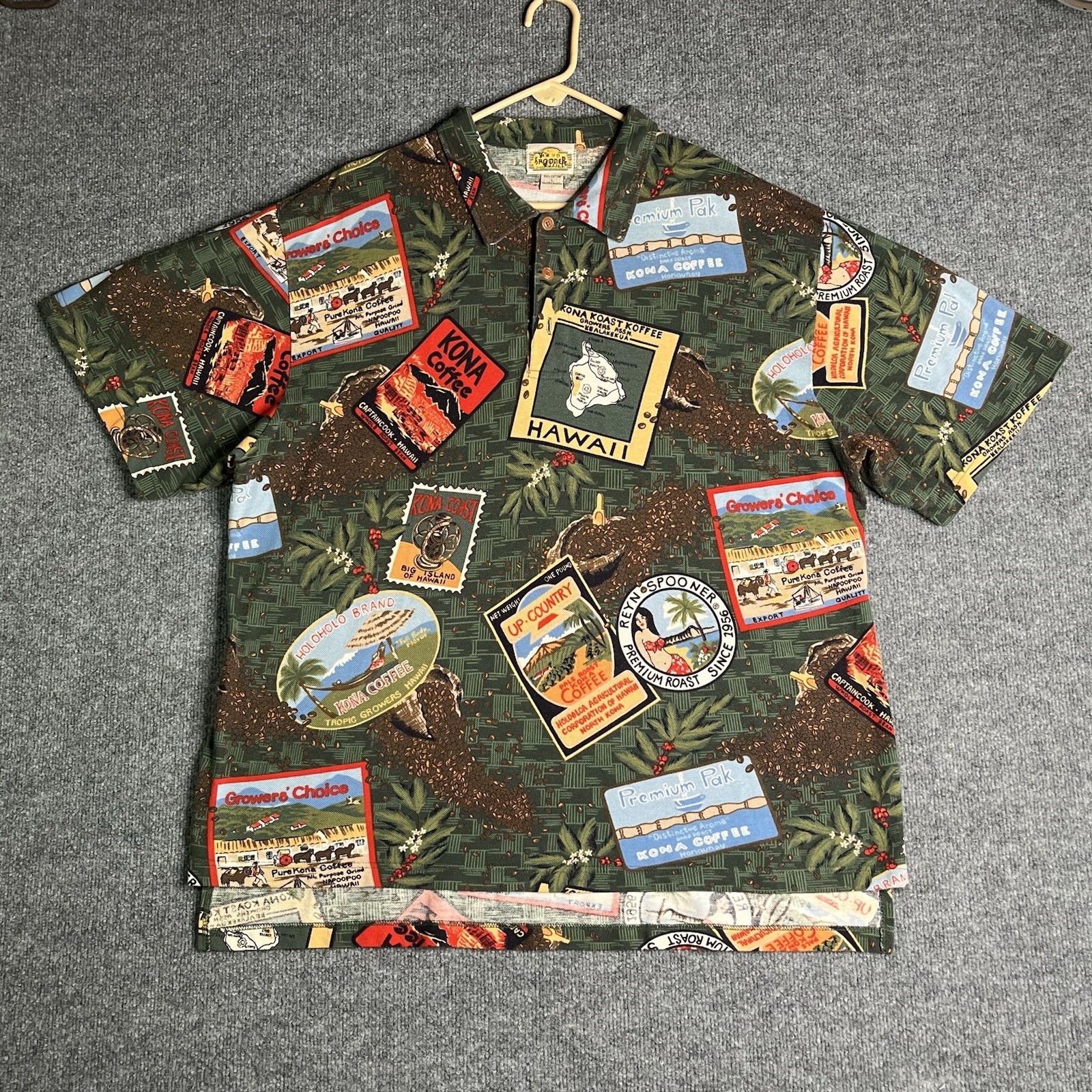 Vintage Reyn Spooner Hawaiian Polo Shirt Men’s Large Kona Coast Coffee Labels