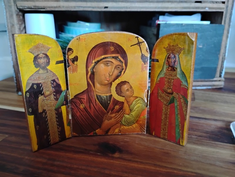 Sweet Vintage Wood Orthodox Triptych Religious Folk Art Byzantine Style Tri Fold