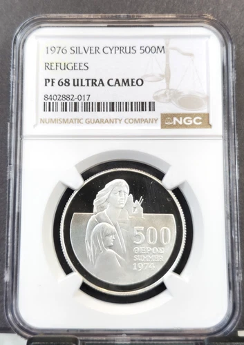 1976 CYPRUS SILVER 500 MILS S500M REFUGEES NGC PF 68 ULTRA CAMEO RARE GEM PROOF