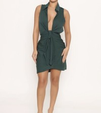 Fashion Nova Medium Hitting Brunch Hunter Green Sleeveless Collar Mini Dress