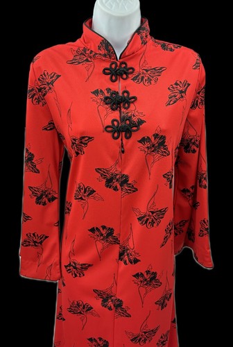 Piccolo abito lungo rosso David marrone sottile casacca salotto floreale vintage USA nodo asiatico - Foto 3 di 5