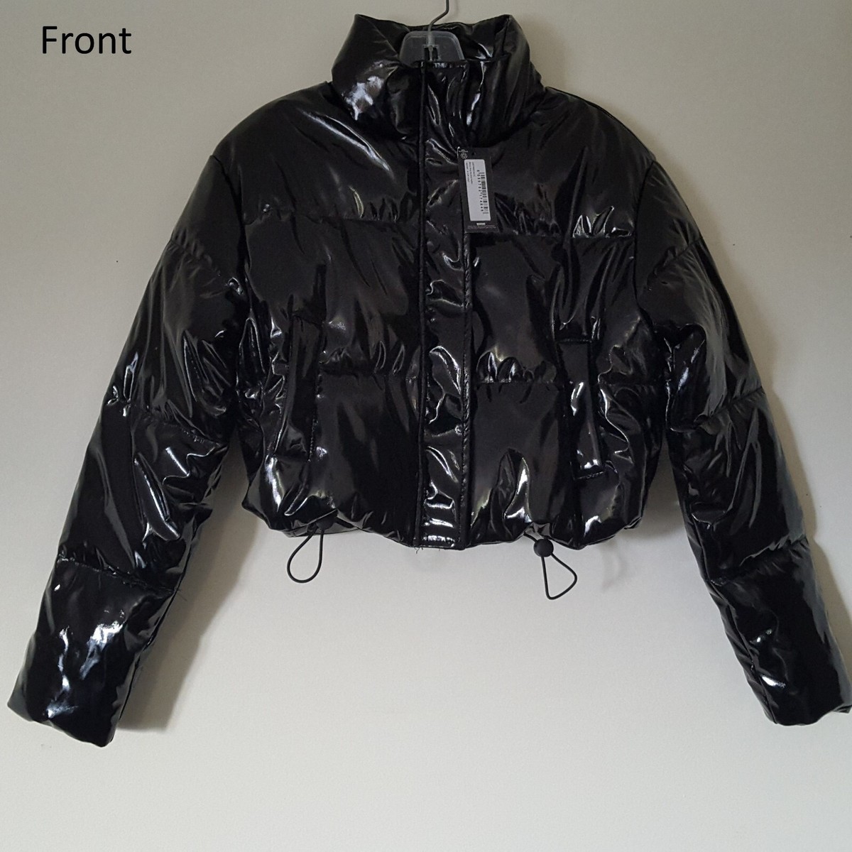 NWT PrettyLittleThing SIZE Glossy Black Vinyl Cropped Zip