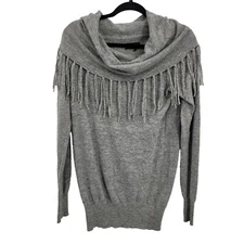 I Jeans by Buffalo Angora Fringe Sweater Sz L Gray Boho Western Cowl Neck Comfy