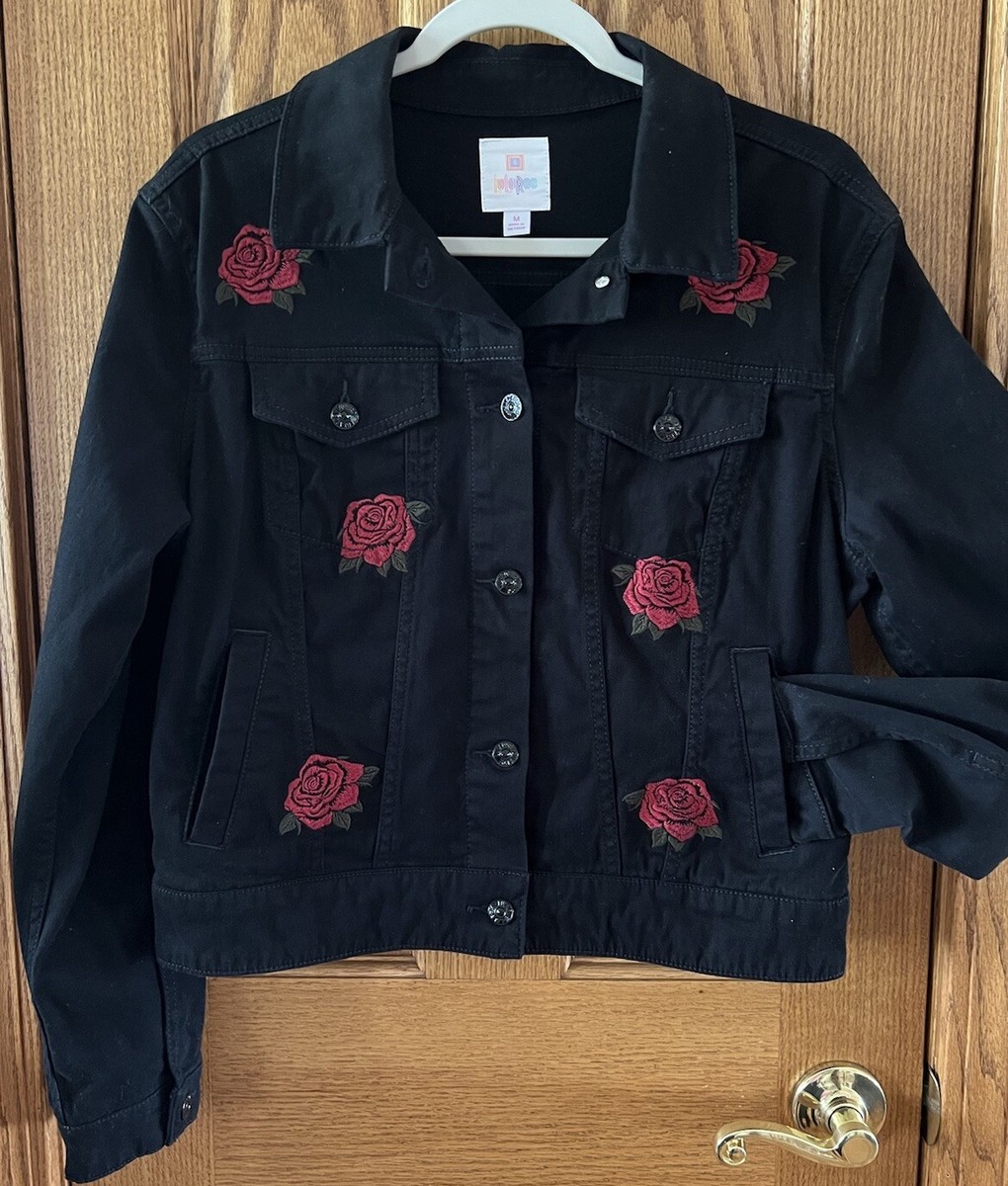 LuLARoe Black Denim Jean Jacket with Embroidered Roses Size M | eBay