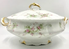 THEODORE HAVILAND LIMOGES TUREEN, VEG BOWL, SCHLEIGER 837H, PINK ROSES, DAUBS
