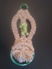 Vintage Macrame Towel Wall Hanging With Vintage 1975 Ceramic Frog Figurine