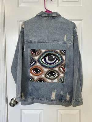 Veveret Denim Jacket Sequin Rhinestone Beaded Evil Eye Back Patch Womens Med