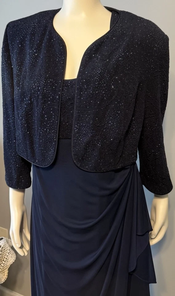 Alex Evenings 女式 Empire 腰部 Bolero 夹克连衣裙 16 码海军蓝,正式长款 — 第 2/4 张图片