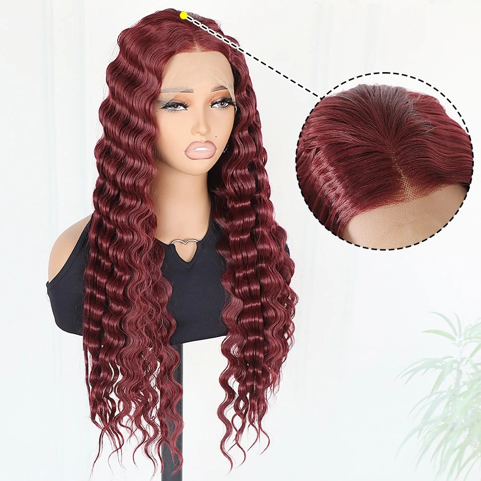 Pelucas delanteras de encaje de onda profunda 13x4 color rojo vino mujeres cabello largo rizado pre arrancado Foto 4 de 4