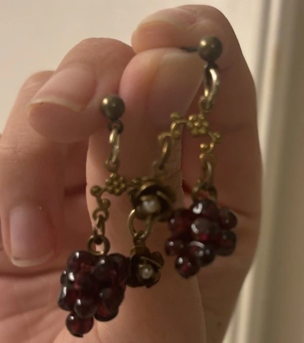 RARE Victorian era Drop Chandelier Grape Garnet Flower Pearl Earrings Women Gold - Image 4 of 4
