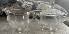 Vintage Glass Cream and Sugar Tea Serving Set with Etched Pattern