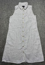 Tahari Dress Womens M Blue White Stripe Linen Sleeveless Shirt Button Front