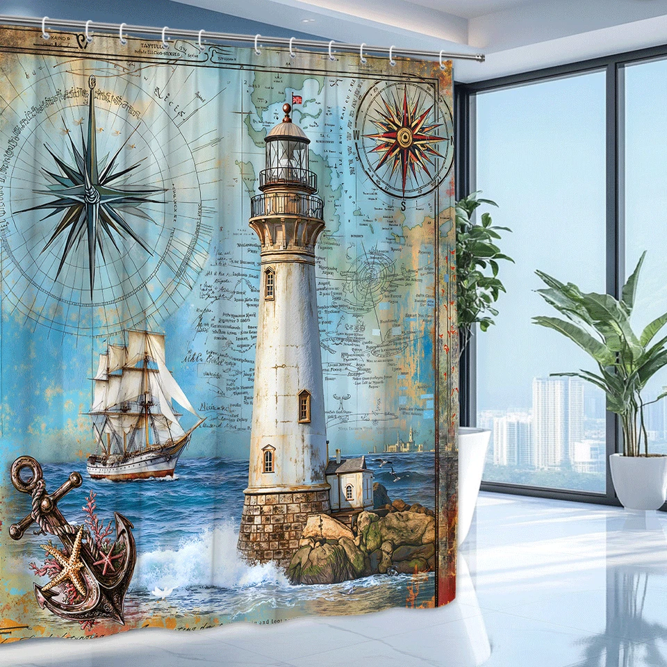 Faro cortina de ducha náutica vintage, diseño de velero, torre costera del océano Foto 2 de 4