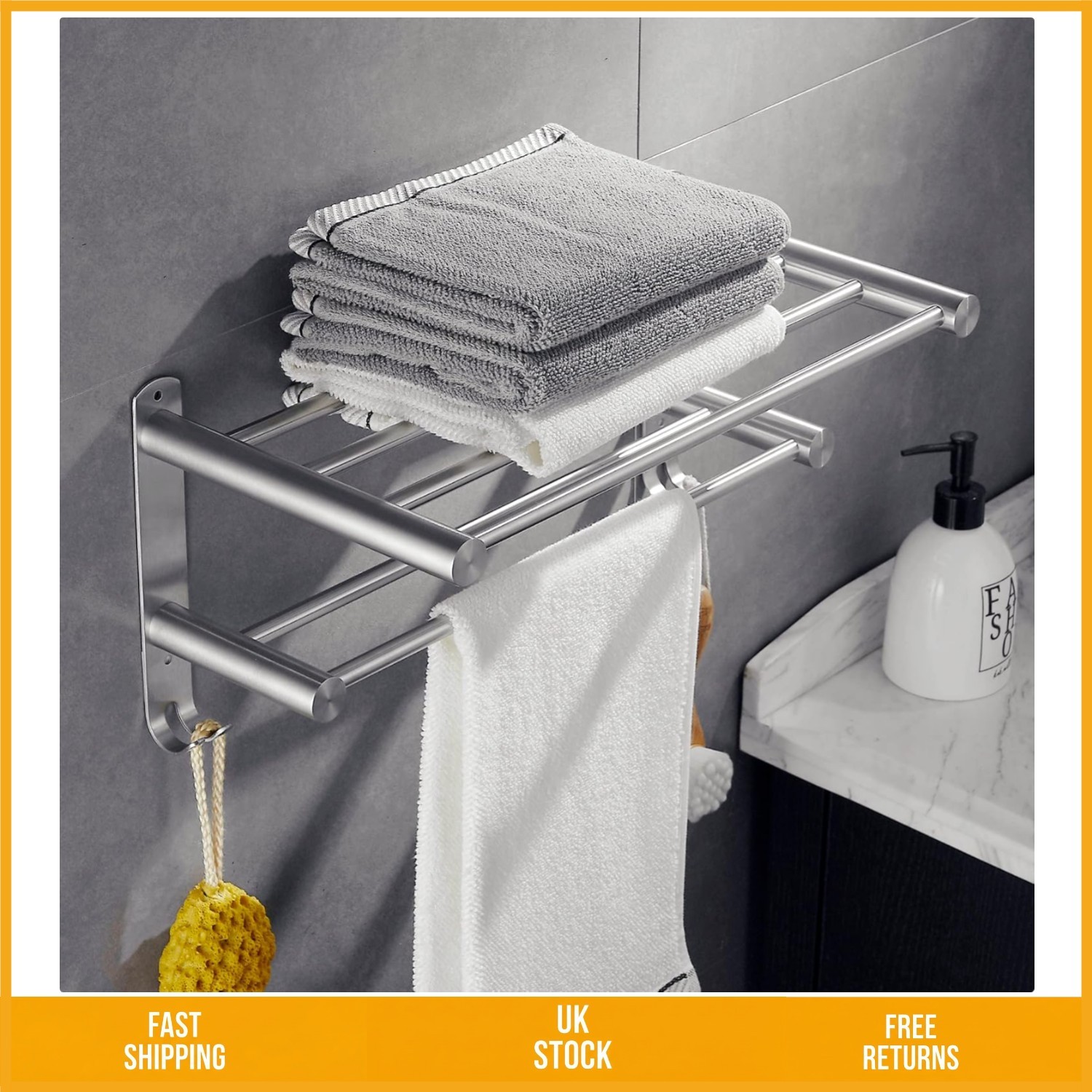 Elegant Stainless Steel Wall Mounted Bathroom Towel Shelf Rack 2 Bars 4 Hooks